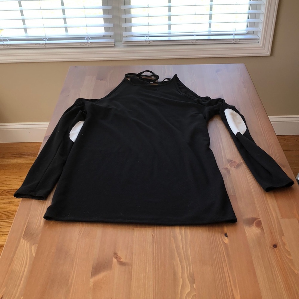 Boutique black dress with white elbow patches